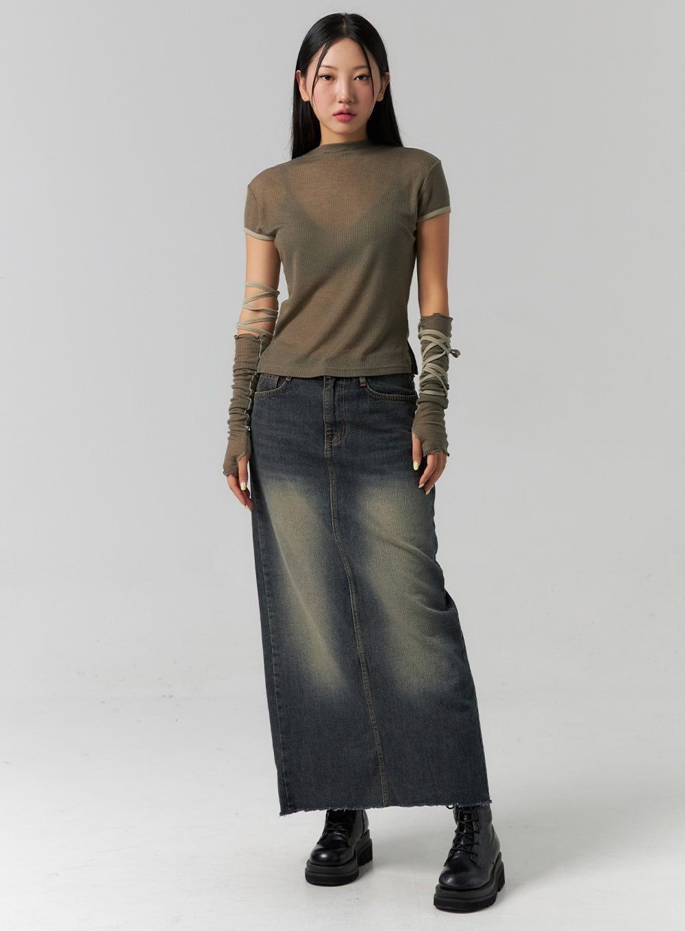 Washed Denim Maxi Skirt CS318