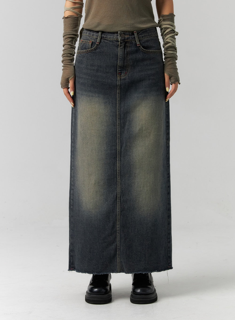 Washed Denim Maxi Skirt CS318