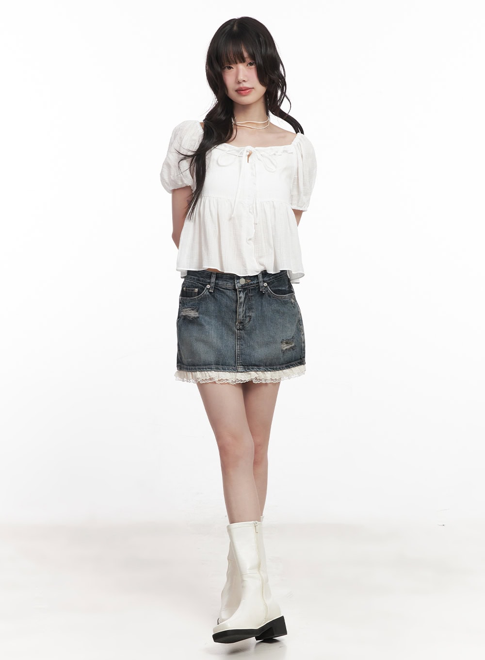 Lace-Trim Distressed Denim Mini Skirt CY521