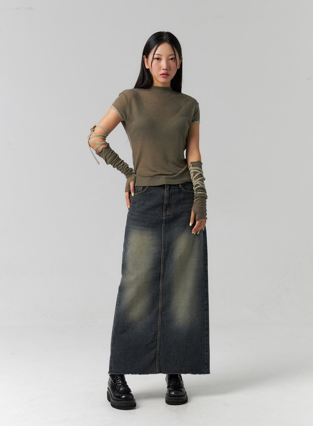 Washed Denim Maxi Skirt CS318