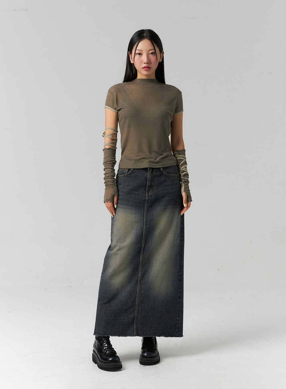Washed Denim Maxi Skirt CS318