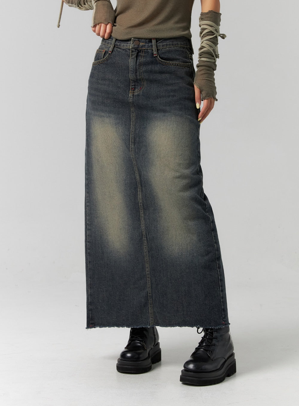 Washed Denim Maxi Skirt CS318