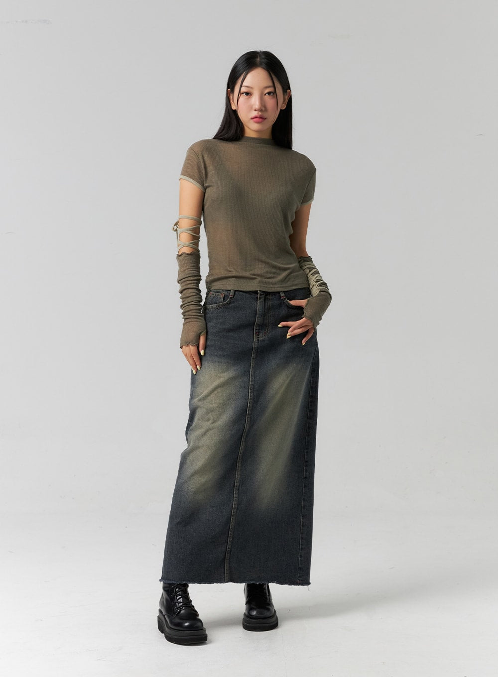 Washed Denim Maxi Skirt CS318