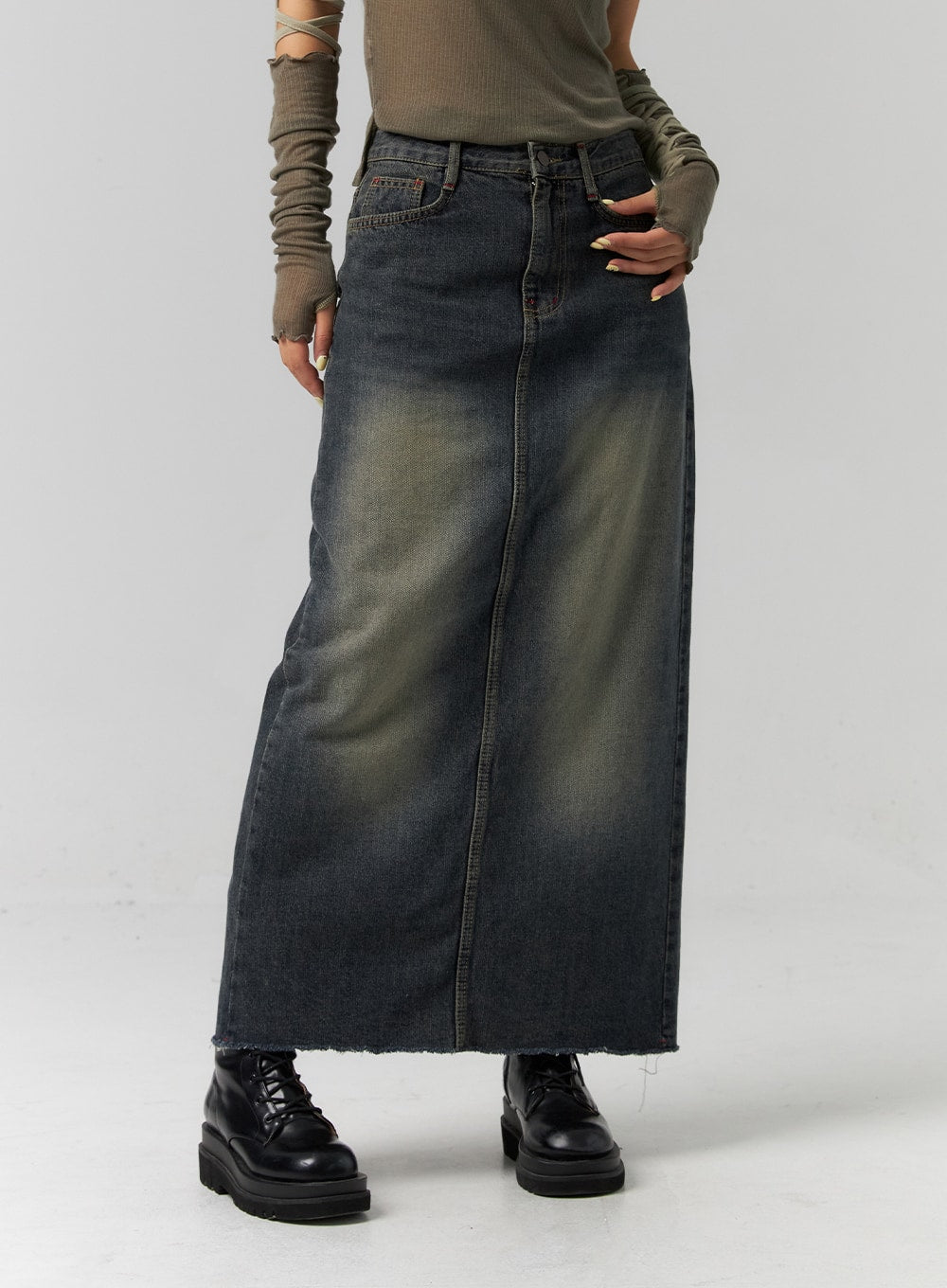 Washed Denim Maxi Skirt CS318