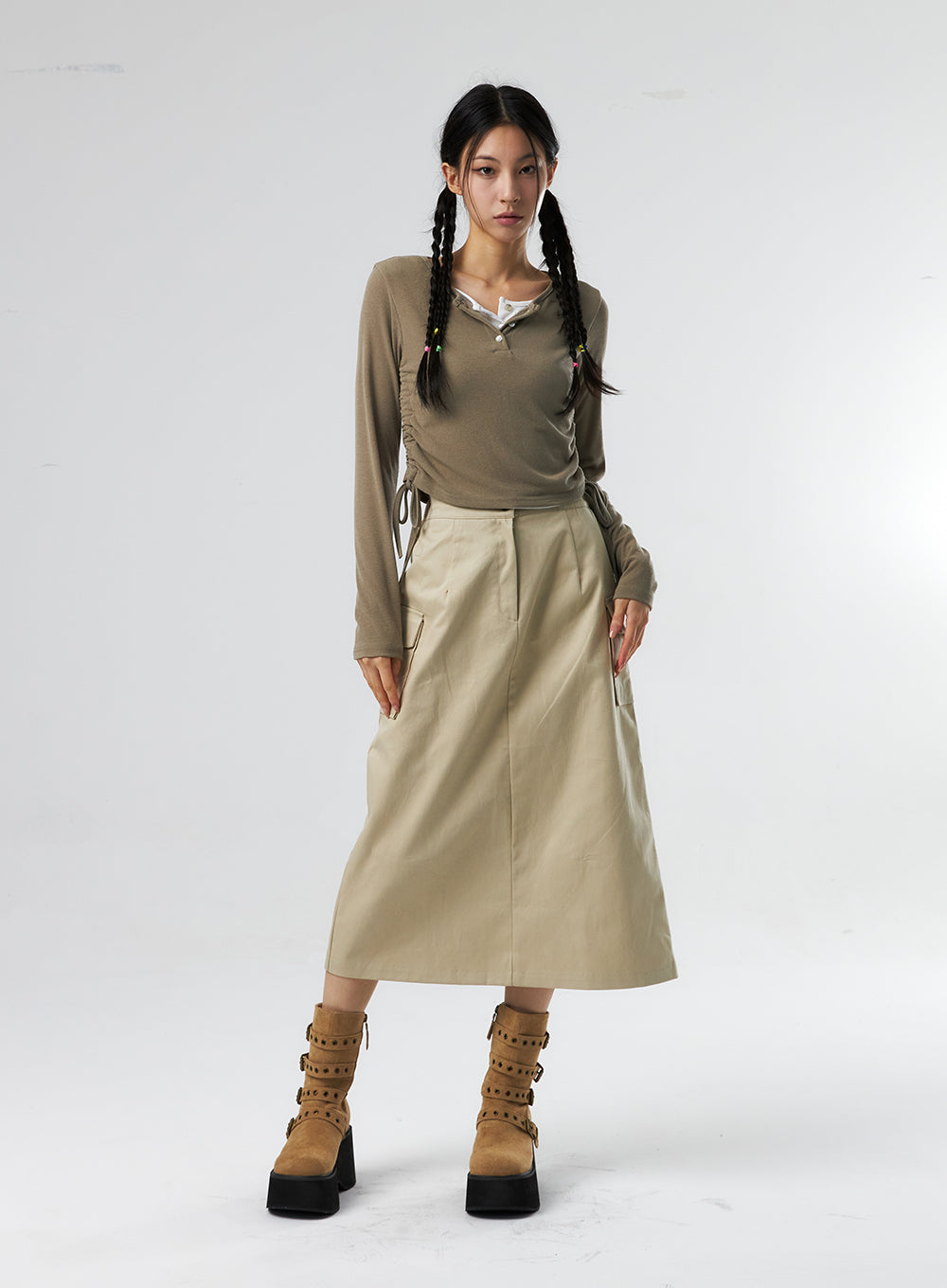 Simple High Waist Button Cargo Long Skirt CO05